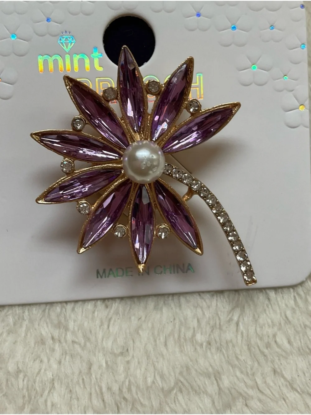 Mint Purple Crystal Flower Brooch with Pearl Center